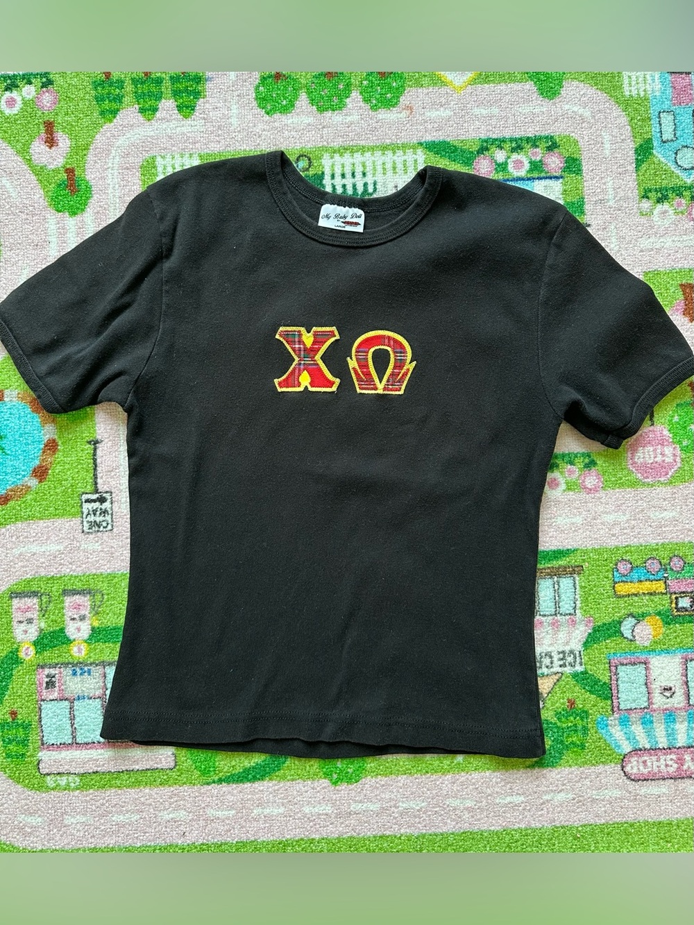Vintage Chi Omega Letter Shirt with sewn on appliqué Greek letters